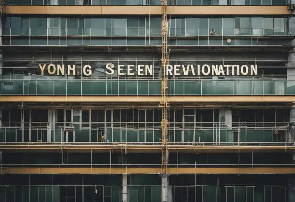 Renovation contractor sign on building facade for Yong Hong Seng.