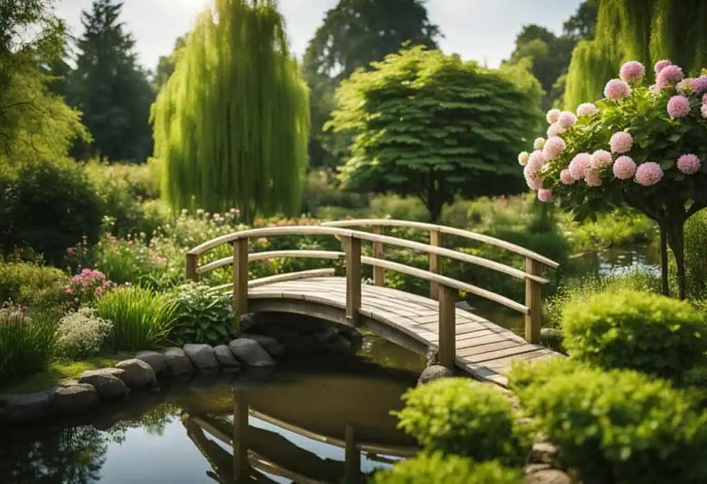 Tranquil garden scene featuring a wooden bridge over a pond with lush greenery and flowering trees.