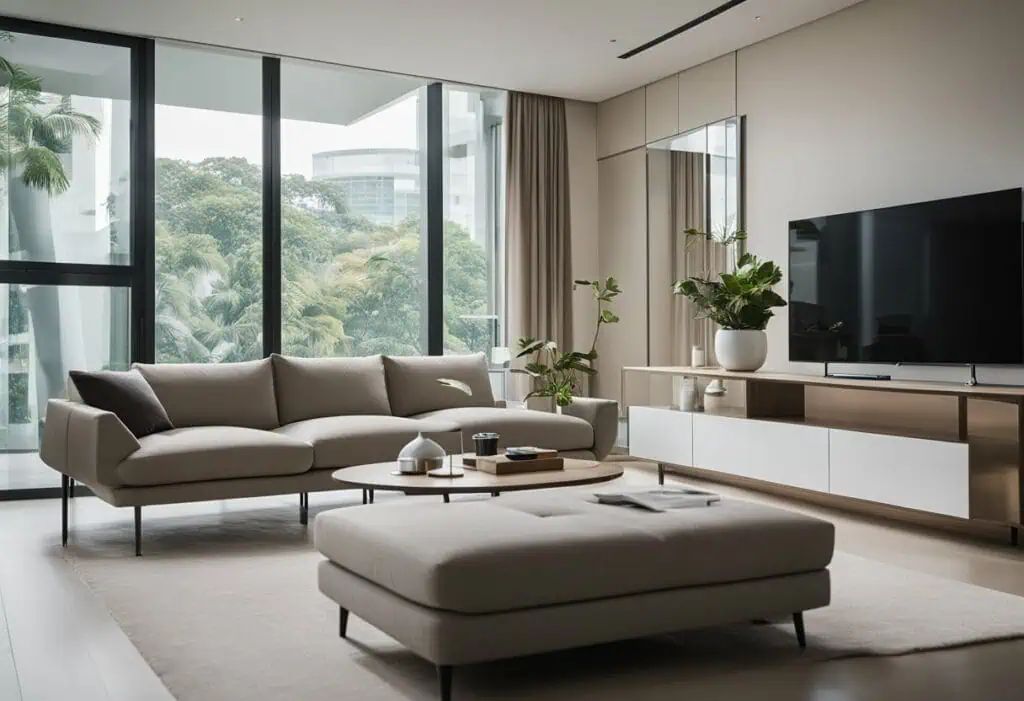 Elegant contemporary living room with comfortable sofa, ottoman, and sleek TV unit in a bright space.