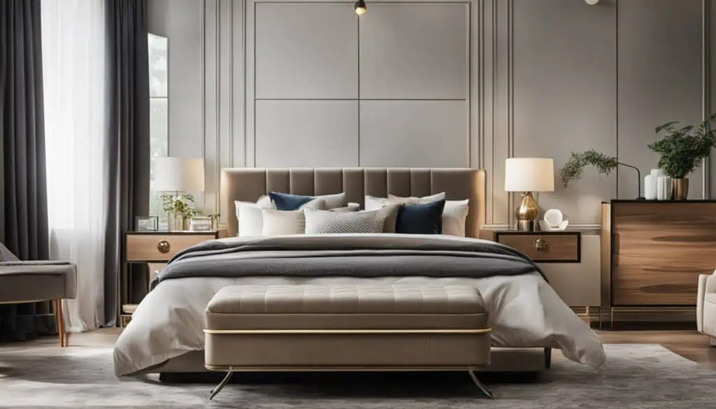 Luxurious bedroom interior with stylish furniture and soft lighting.