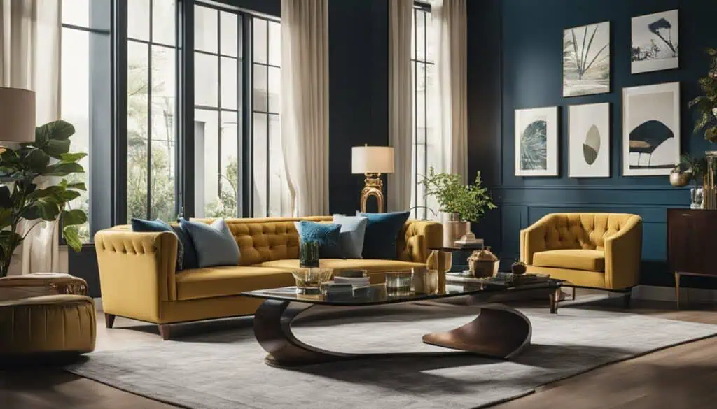 Bright living room with mustard yellow sofas, large windows, and stylish decor.