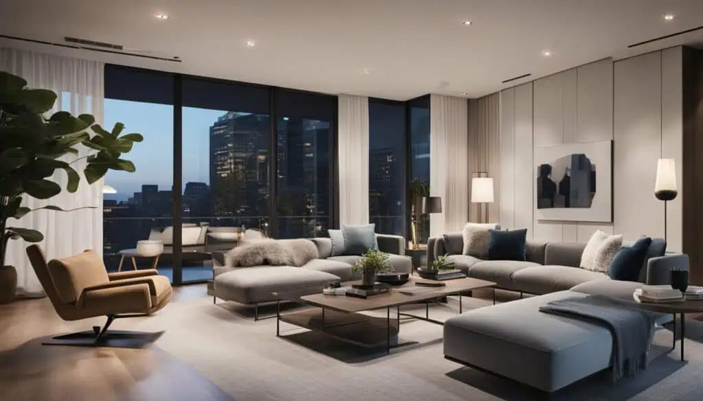 Elegant contemporary living room with large windows and city views.