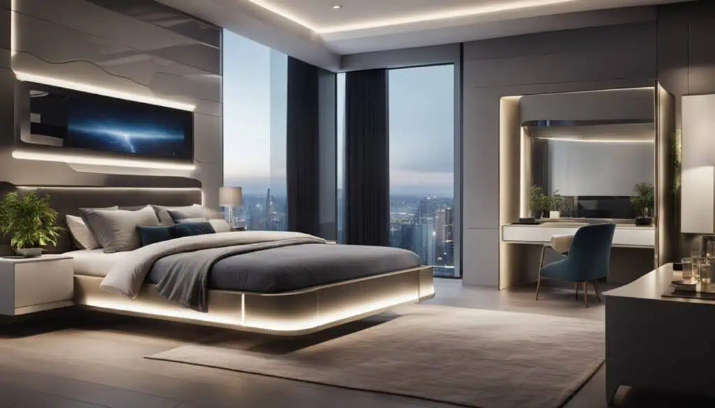 Elegant bedroom with city skyline view, contemporary decor, and ambient lighting.