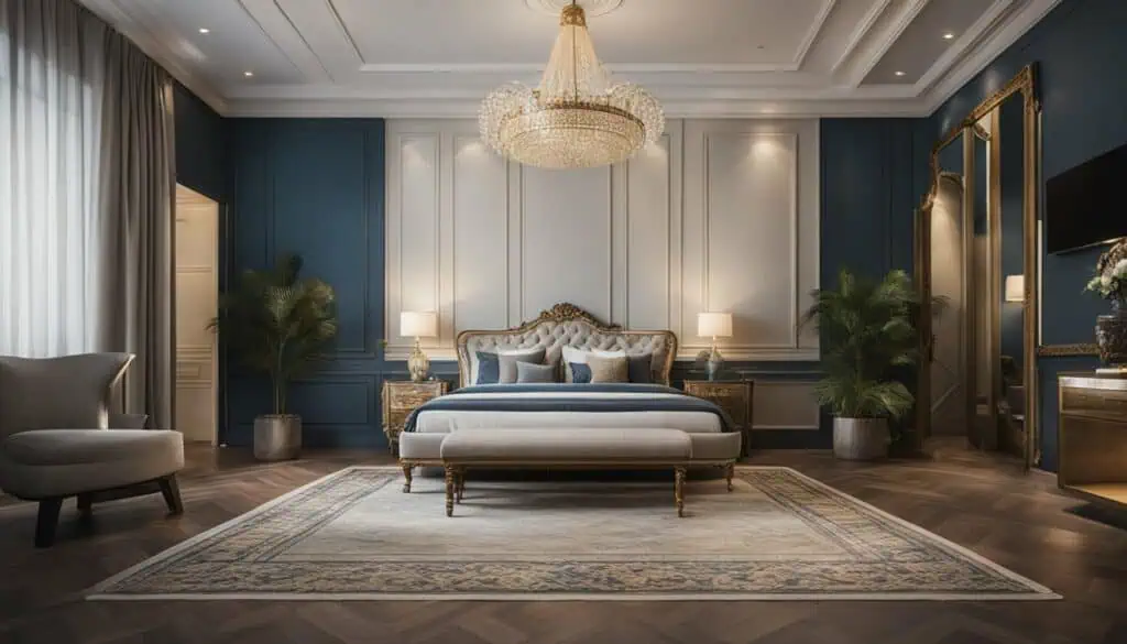 Luxurious bedroom featuring a grand chandelier, elegant furniture, and sophisticated blue and white.