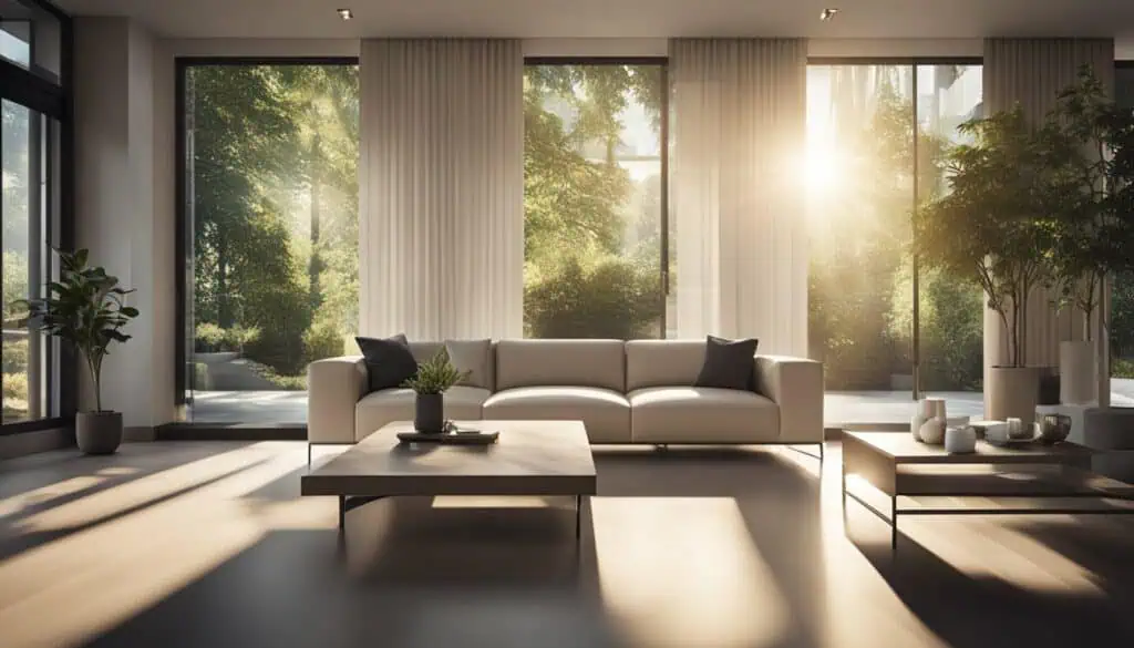 Elegant living space with floor-to-ceiling windows and lush greenery outside.
