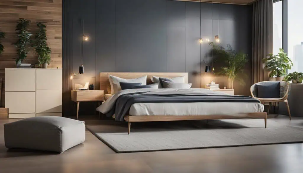 Elegant bedroom featuring contemporary design, cozy bedding, and lush indoor plants for a relaxing a.