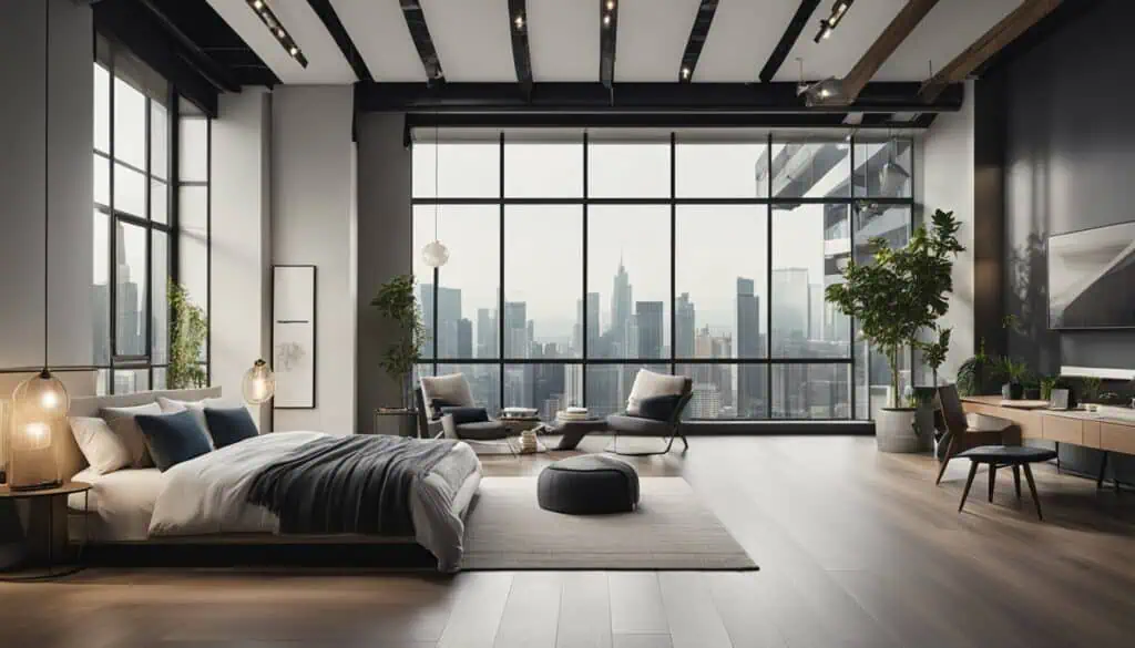 Spacious bedroom with large windows overlooking a vibrant cityscape, modern decor, and stylish furni.