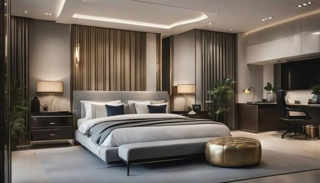Modern luxury bedroom with stylish decor, plush bedding, and ambient lighting.