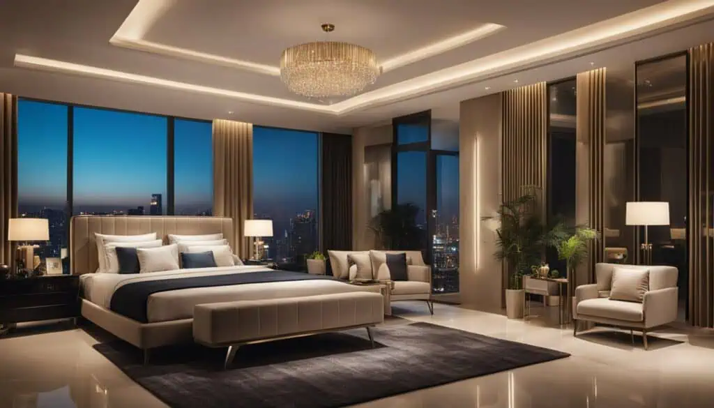 Luxury bedroom with large windows overlooking a city skyline at night.