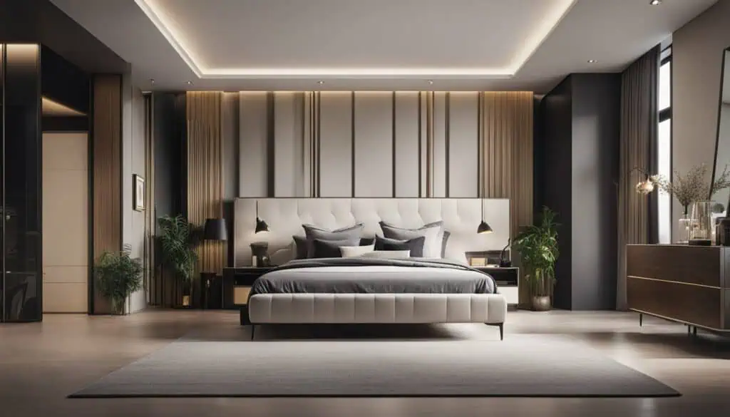 Elegant modern bedroom interior with luxurious furnishings and ambient lighting.