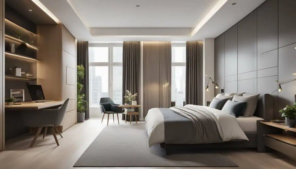 Elegant hotel room with contemporary furnishings and natural light.