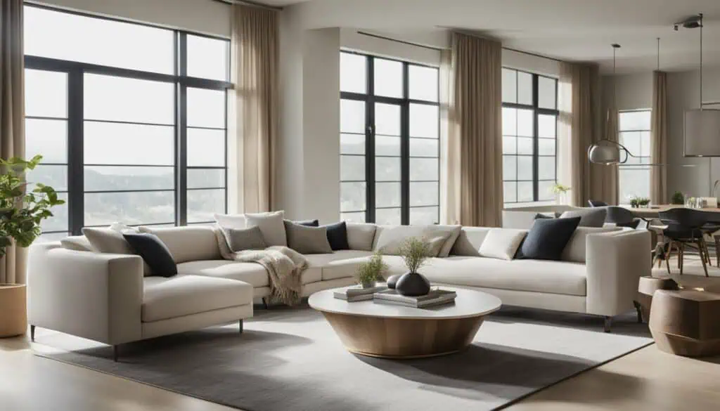 Spacious living room featuring large windows, contemporary furniture, and natural light for a luxuri.