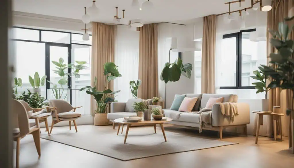 Bright and airy living space featuring large windows, stylish furniture, and abundant greenery for a.