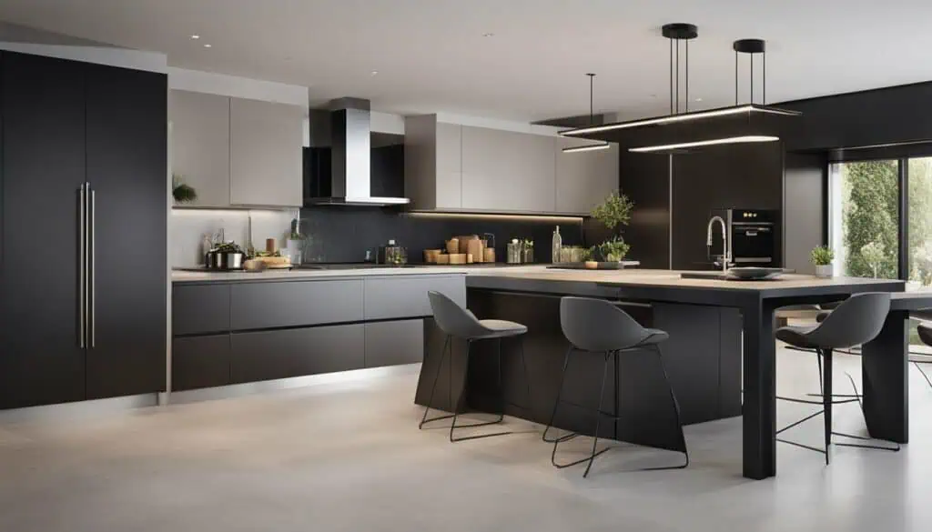 Elegant black and white kitchen with island, bar stools, and natural light.
