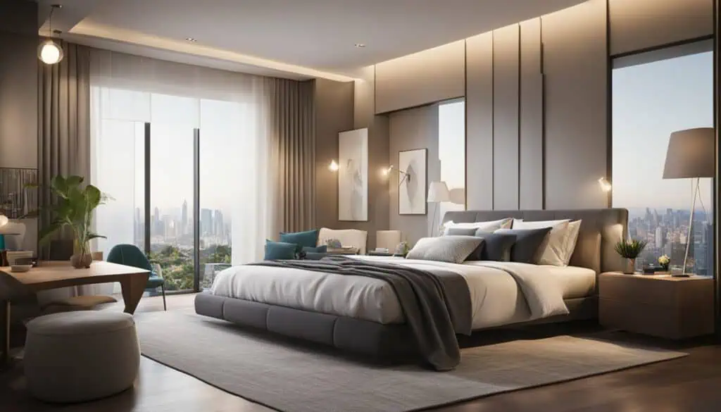 Elegant bedroom featuring a large bed, stylish decor, and panoramic cityscape windows. Perfect for a.