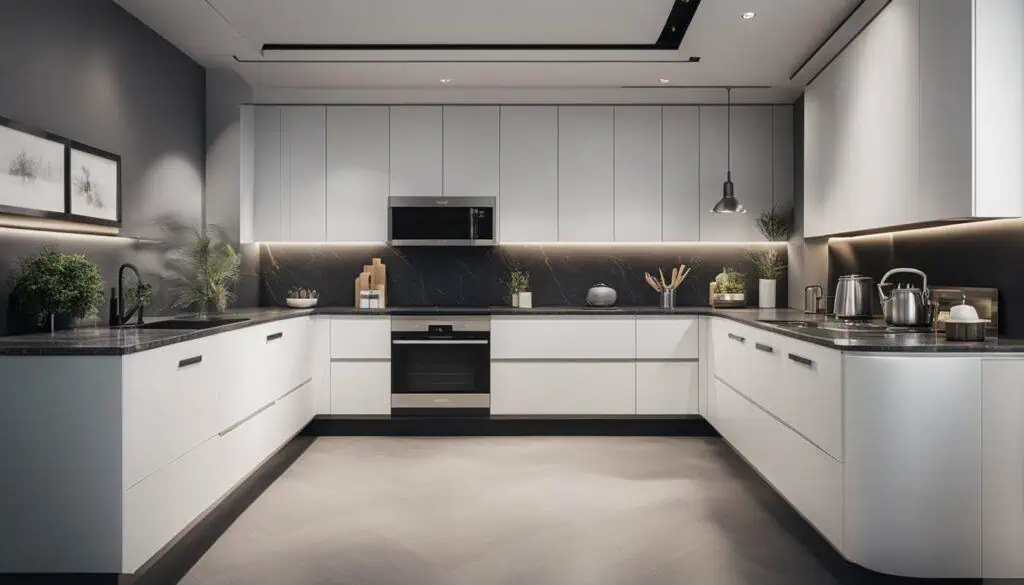Modern minimalist kitchen with sleek white cabinets and black accents, featuring contemporary design.