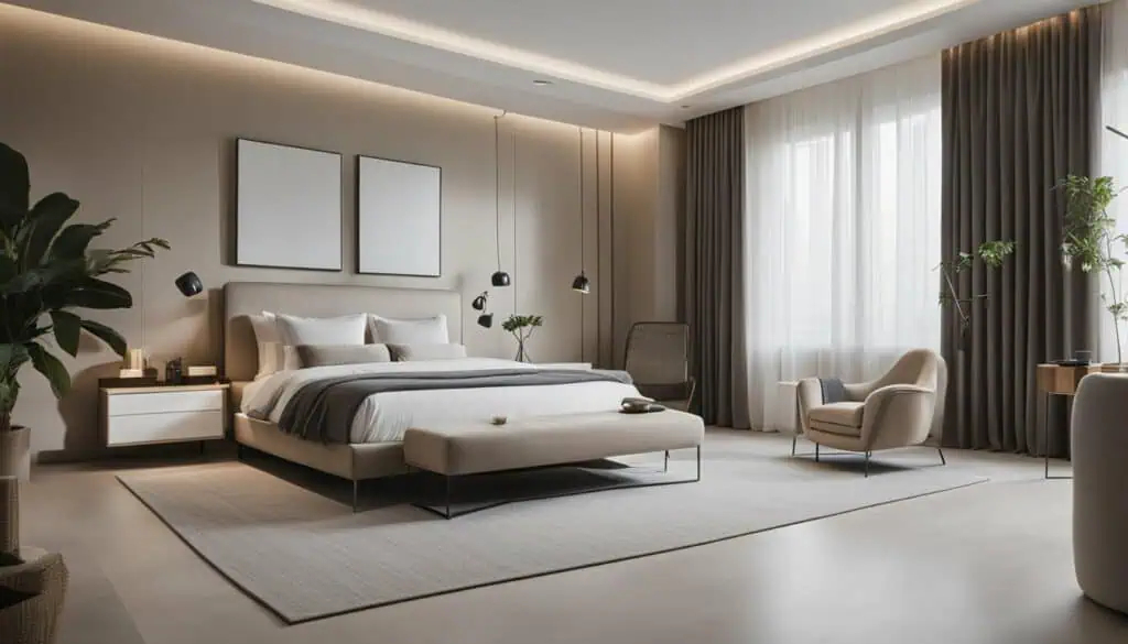 Elegant modern bedroom with stylish decor and large windows.