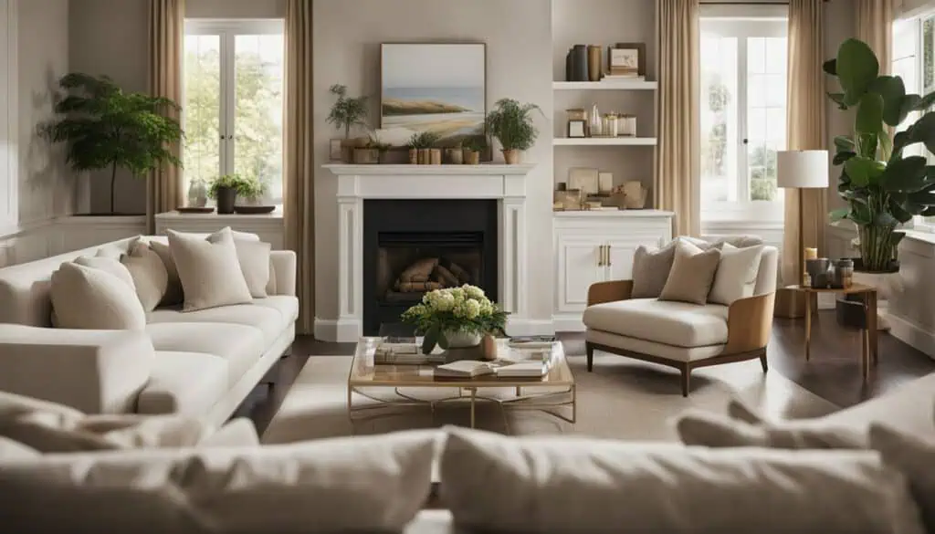 Cozy living room featuring plush sofas, a fireplace, and large windows with lush greenery outside.