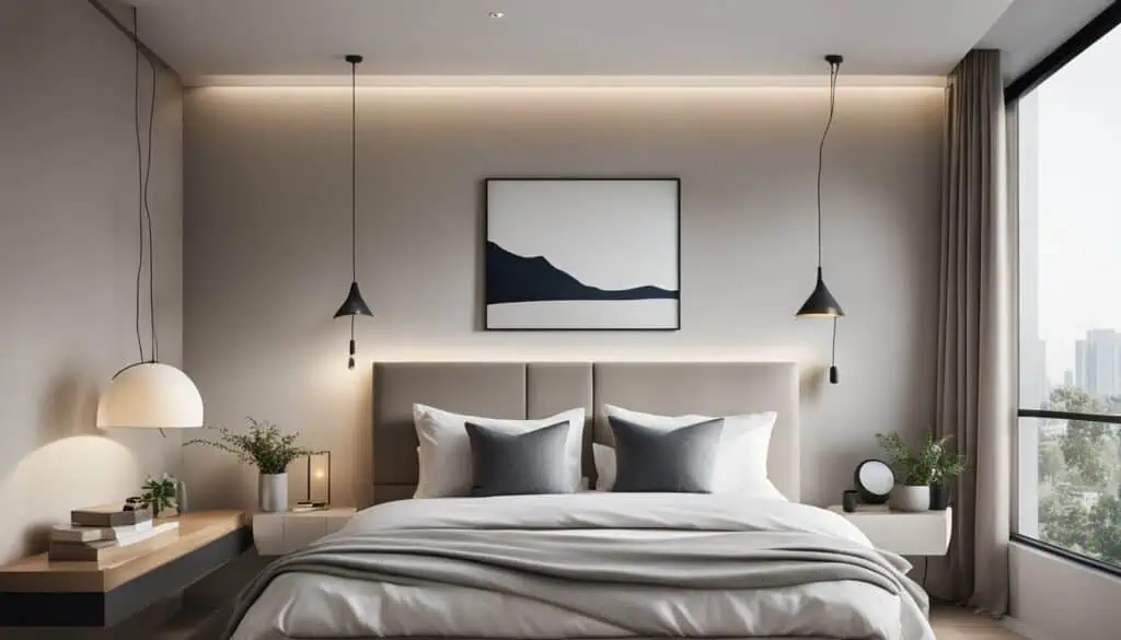 Modern minimalist bedroom with neutral tones, cozy bedding, and large window overlooking cityscape.