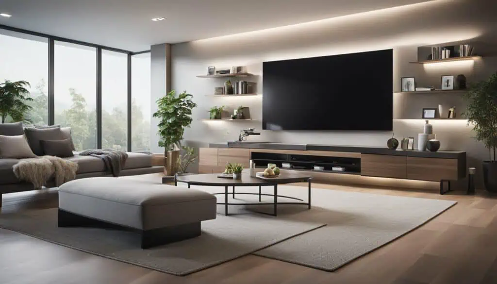 Spacious modern living room with large windows, sleek furniture, and contemporary decor for a luxuri.