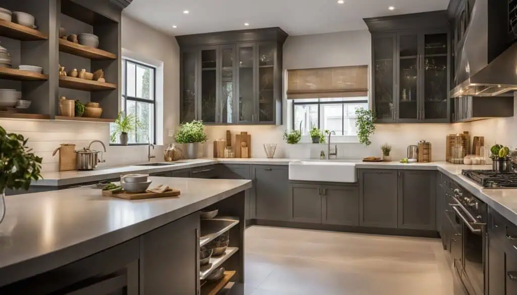 Bright, spacious kitchen featuring gray cabinets, open wooden shelves, and large windows for a welco.