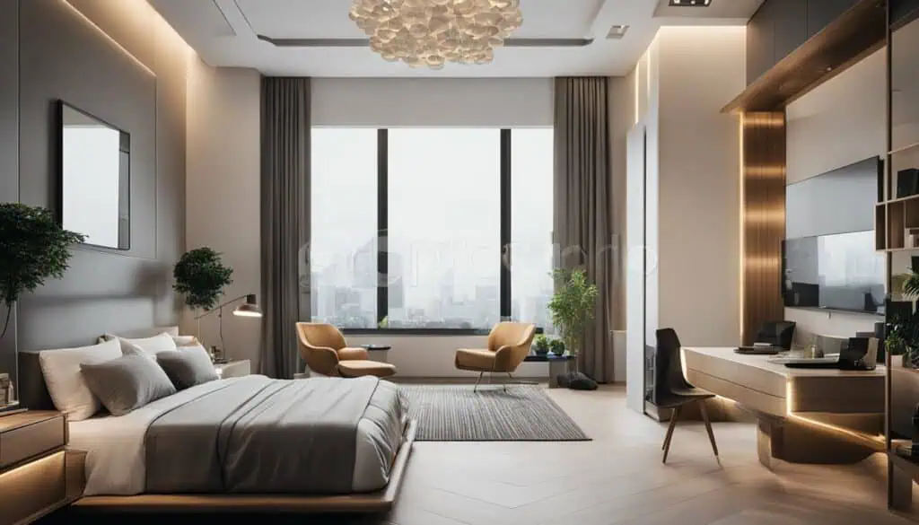 Elegant interior design featuring a spacious bedroom with large windows and contemporary furnishings.