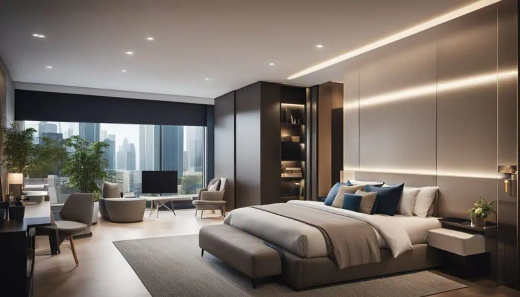 Elegant modern bedroom with city skyline views and sophisticated interior design.