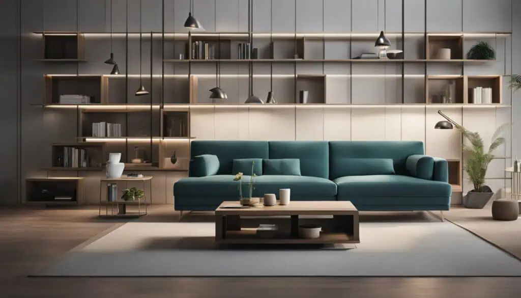 Stylish modern living room with teal sofa and wooden shelving units.