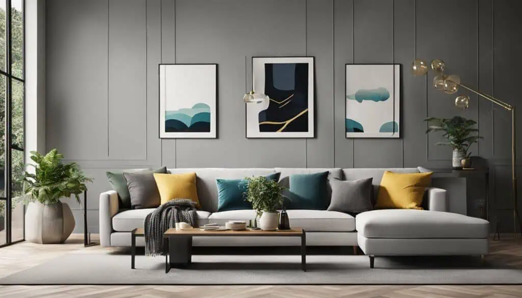 Contemporary living room with abstract art and stylish decor.