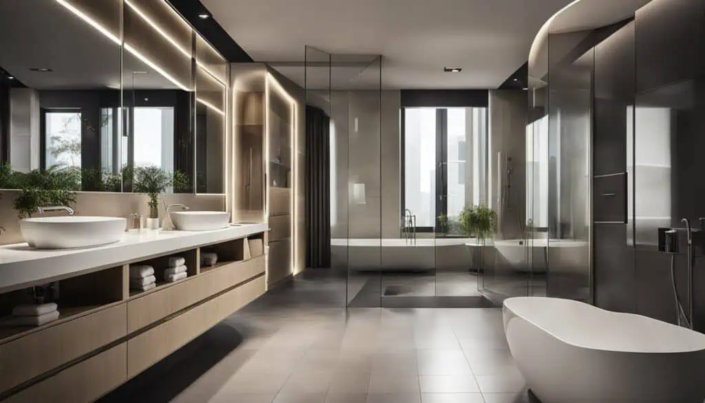 Elegant modern bathroom featuring contemporary fixtures and stylish decor for a luxurious experience.