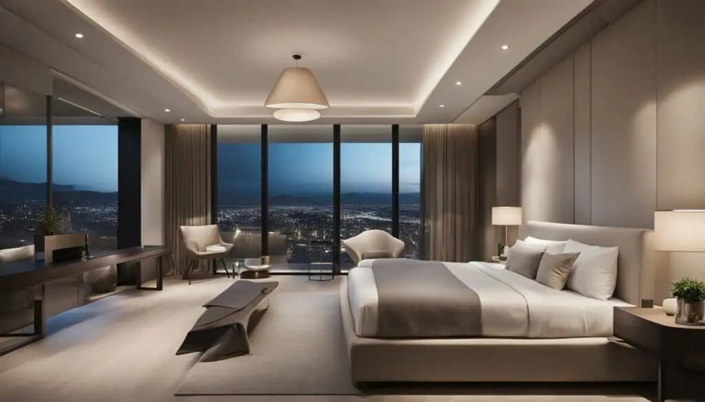 Luxury hotel room with panoramic city skyline view at night.