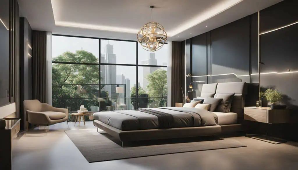 Elegant bedroom with large windows showcasing a city skyline and lush greenery.