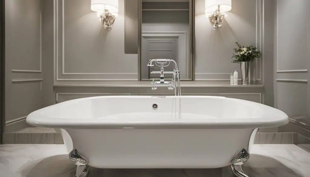Freestanding bathtub in a sophisticated bathroom with elegant wall paneling and soft lighting.
