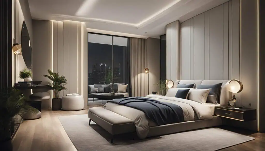 Elegant modern bedroom with stylish decor and soft lighting for a luxurious ambiance.
