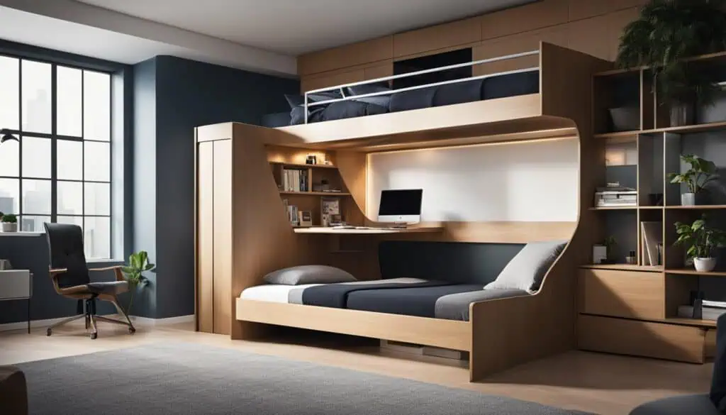 Stylish modern loft bedroom with integrated bunk bed and workspace setup.