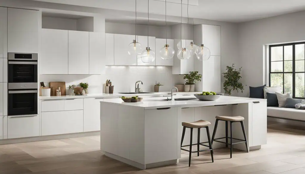 Bright modern white kitchen with island, pendant lights, and large window.