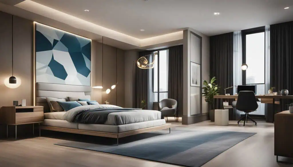 Elegant hotel bedroom with modern decor and large windows for natural light.