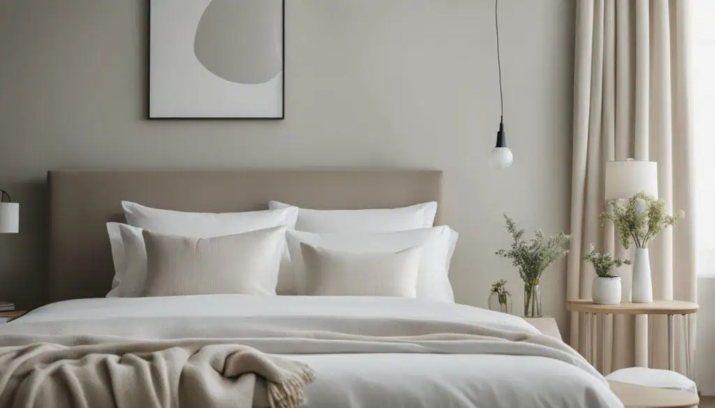 Elegant bedroom with neutral tones, plush bedding, and minimalist decor for a relaxing atmosphere.