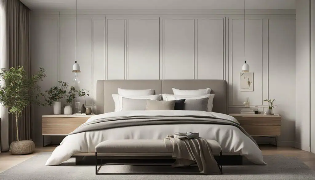 Elegant modern bedroom with neutral tones and cozy decor.