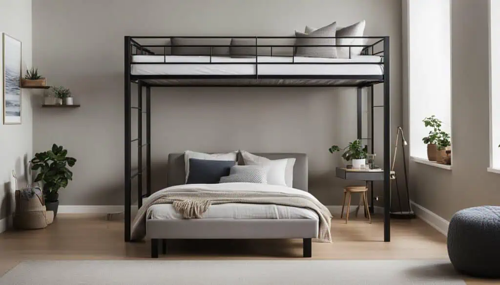 Bunk bed in a stylish, minimalist bedroom with natural light and greenery accents.