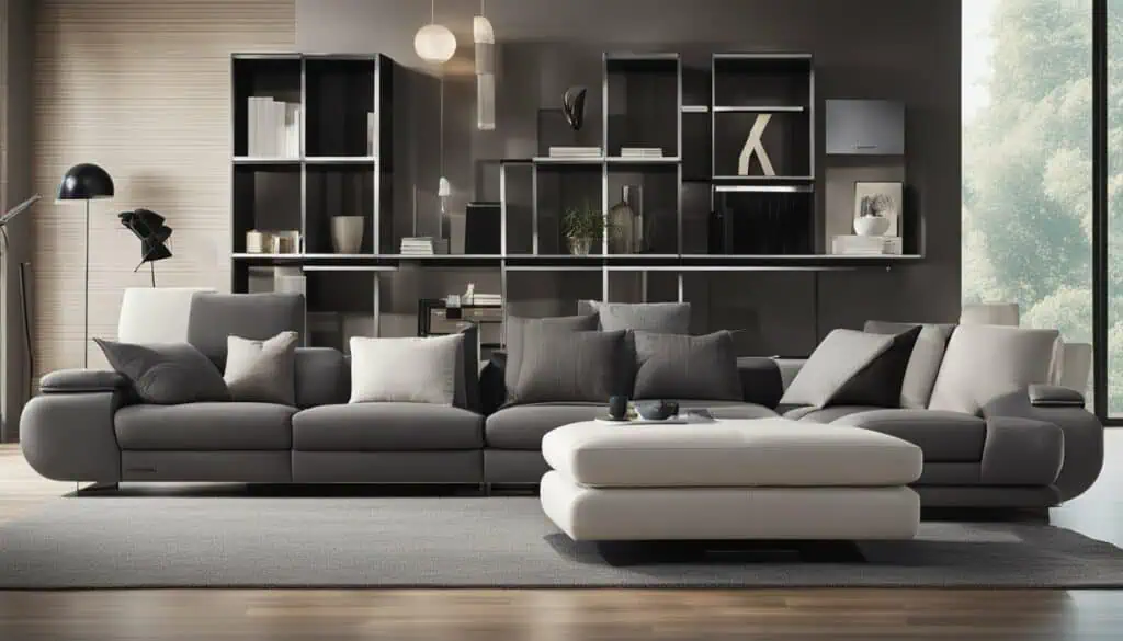 Elegant gray sofa with plush cushions in a sleek, modern living space.