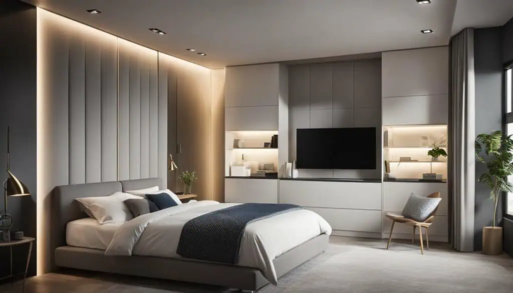 Elegant bedroom featuring contemporary decor and soft lighting for a relaxing atmosphere.