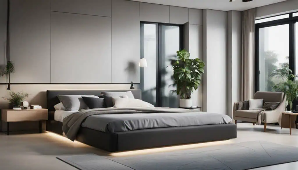 Elegant bedroom with large windows, neutral tones, and lush indoor plants.