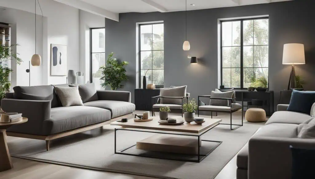 Contemporary living room with sleek furniture and large windows for natural light.