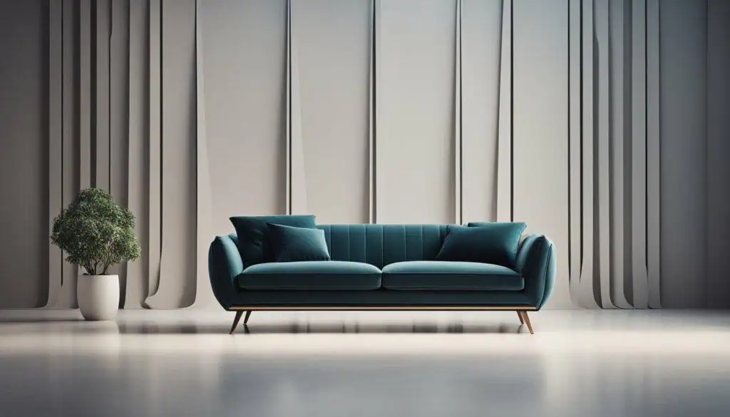 Stylish blue sofa in a sleek, modern living room with minimalist decor and soft lighting.