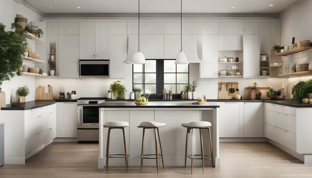 Elegant white kitchen with ample storage, island, and cozy seating area.