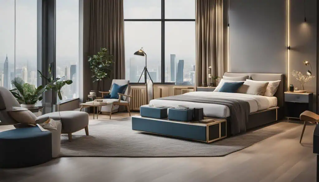 Luxury bedroom with city skyline view, stylish furniture, and contemporary design.
