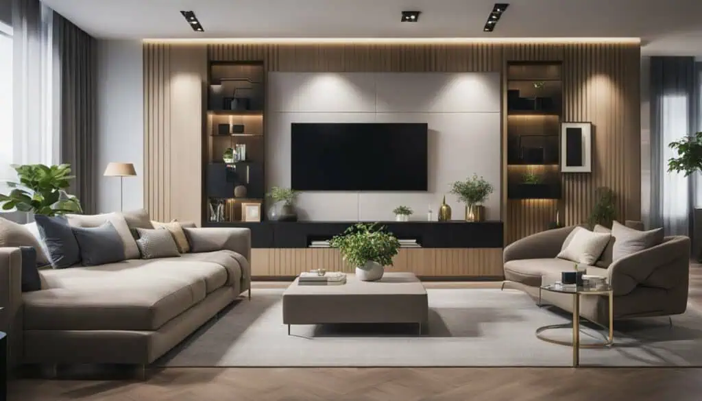 Modern living room with stylish, comfortable sofas and a large flat-screen TV.