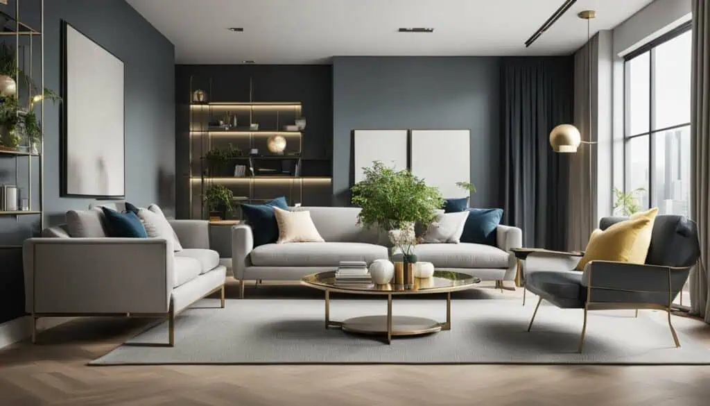 Elegant living room with contemporary furniture and large windows for a bright, airy atmosphere.