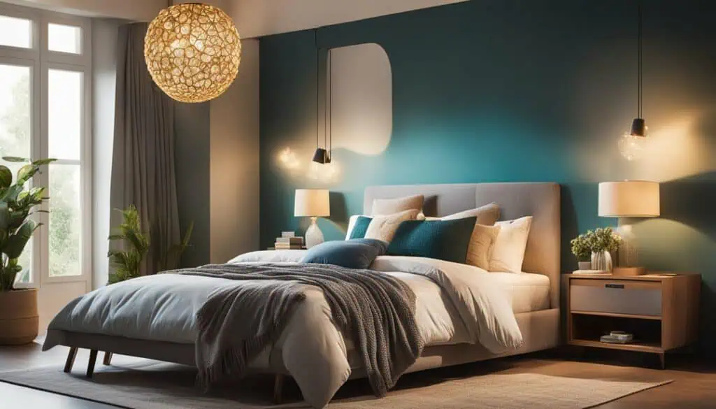 Modern bedroom with stylish decor and ambient lighting.